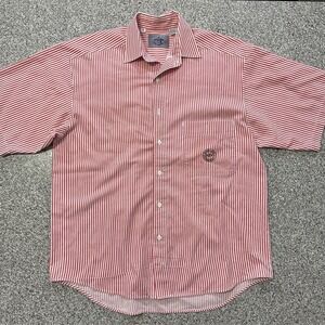 Vintage Bugle Boy Button Up Shirt Mens L Railroad Striped Collared Short Sleeve